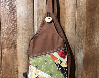 Waxed Canvas Sling Backpack: Floral Accent Shoulder Bag