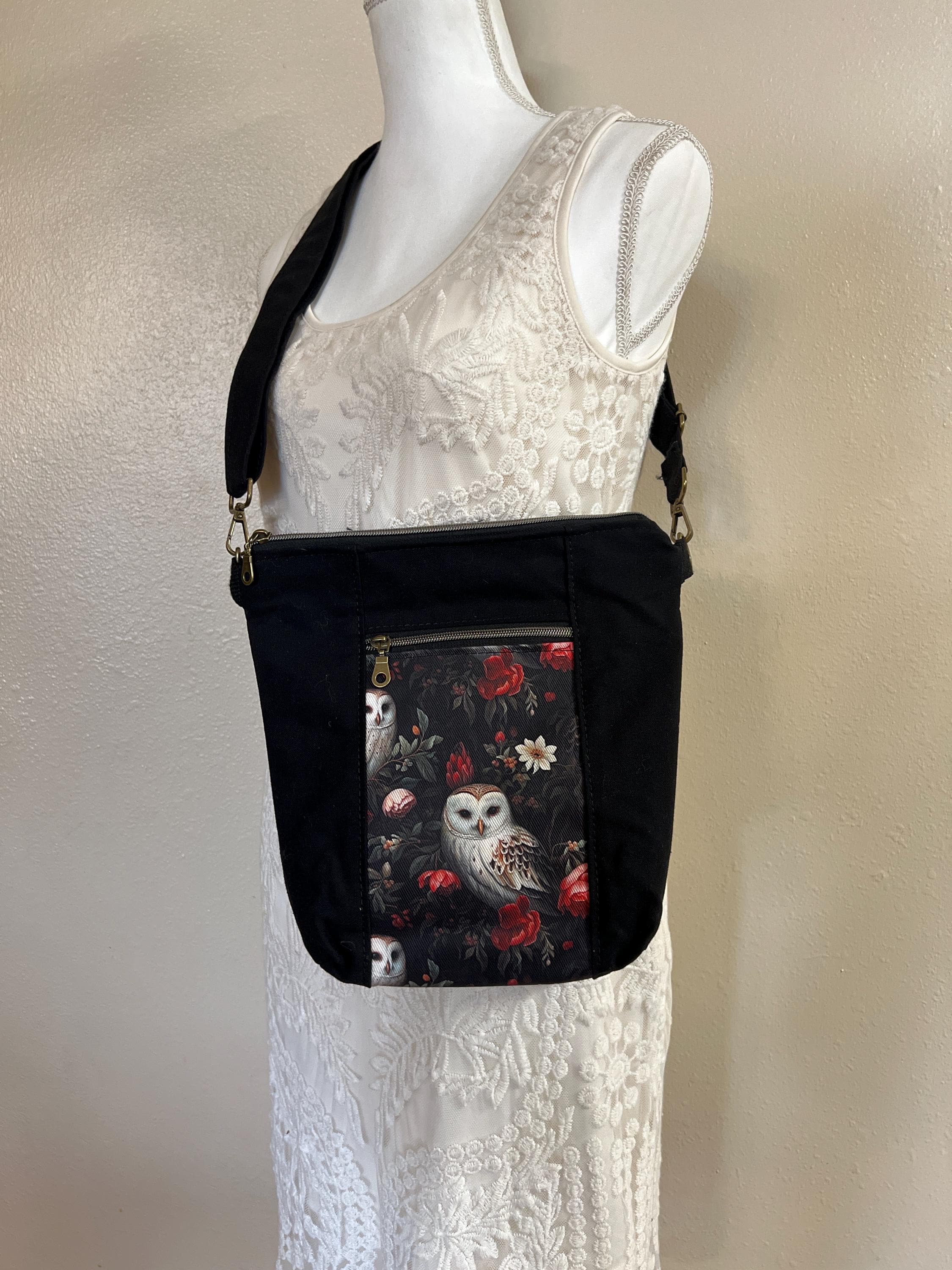 Handmade Owl Crossbody Bag: Black Canvas Shoulder Purse