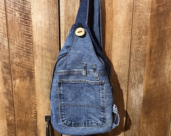 Upcycled denim sling backpack for women, repurposed khaki jeans shoulder bag, birthday gift for husband, 35th birthday gift for friend