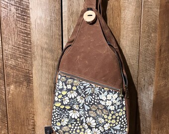 Waxed Canvas Sling Backpack: Floral Accent Shoulder Bag