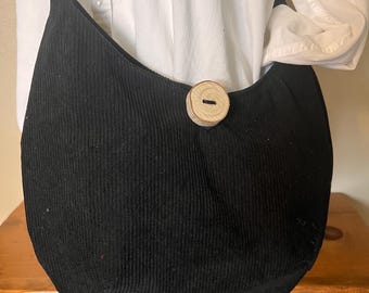 Handmade Black Corduroy Hobo Bag: Crossbody Purse with Pockets