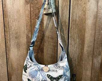 Blue Butterfly crossbody bag, hobo style purse, adjustable strap handbag, handmade women’s gift purse