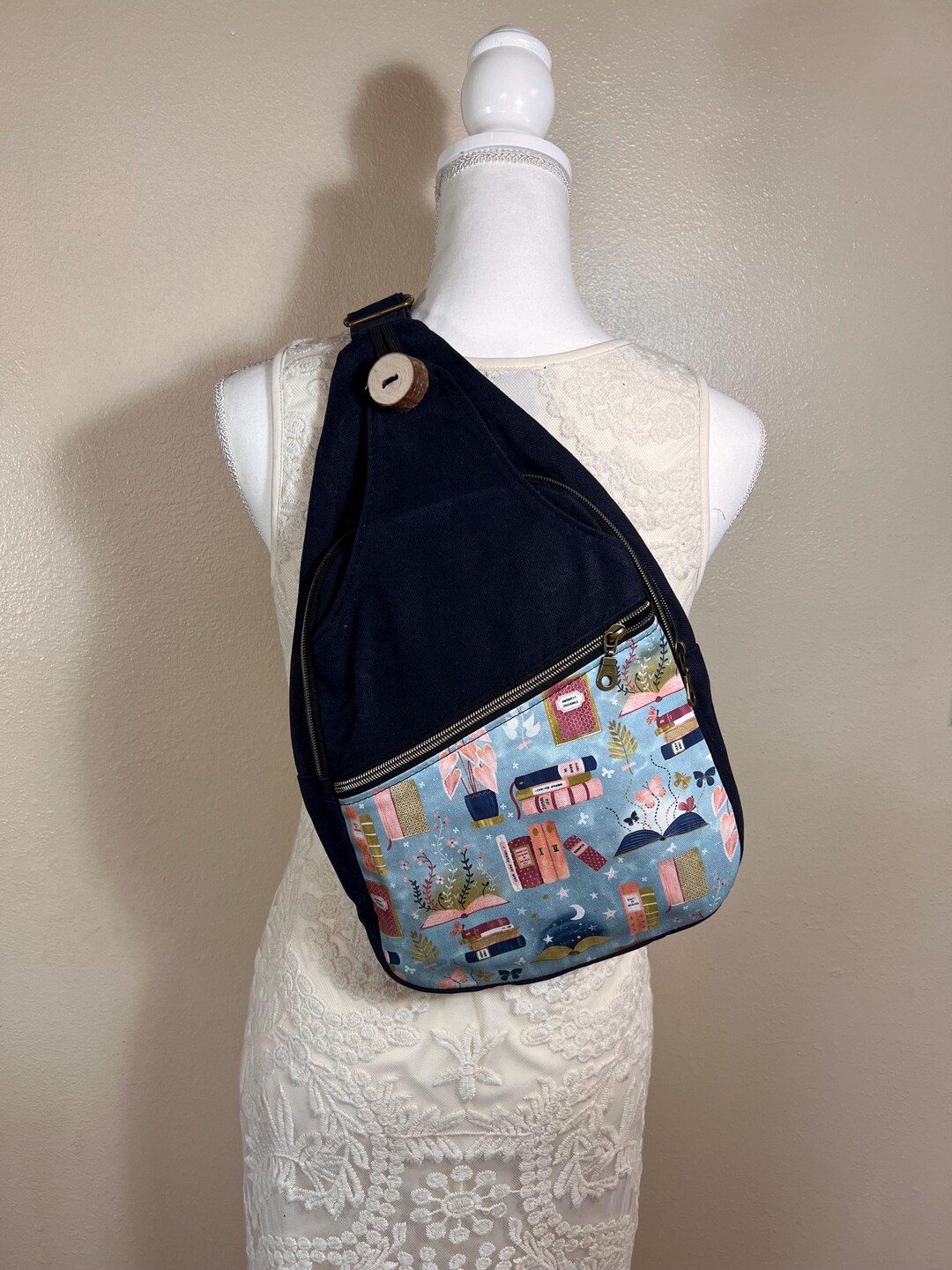 Indigo Patterned Canvas Sling Backpack with Brown Trim by RSD Handmade Waxed Canvas Sling Backpack: Book Lover Travel Bag  main image 3