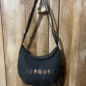 Moon purse, moon phases crossbody bag with zipper closure, black canvas hobo bag, cottagecore gift for friends 30th birthday