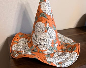 Orange floral Witch Hat: Quilted Cotton Costume Hat with flowers