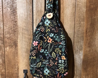 Floral sling backpack for women, black canvas shoulder bag, durable  sling backpack, Christmas gift for wife, 40th birthday gift for friend