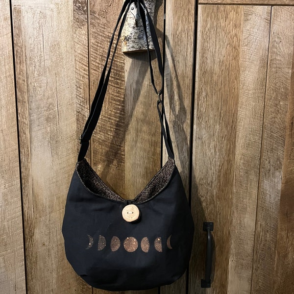 Moon phases crossbody bag, black canvas hobo bag, moon purse with adjustable strap, birthday gift for young adult, Christmas gift for friend