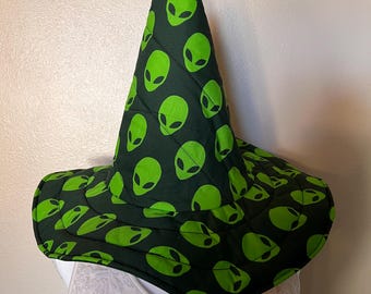 Bold green alien Witch Hat: Quilted Cotton Costume Hat