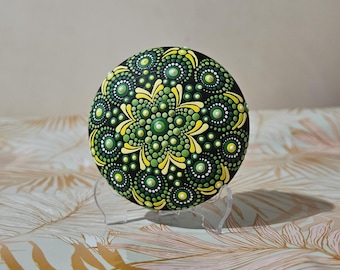 Hand Painted Green Mandala Stone, Dot Art Paperweight (3in/8cm)