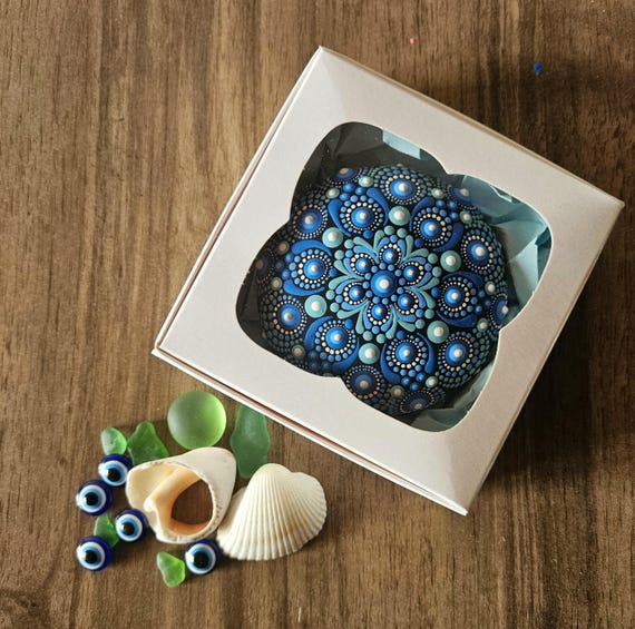 Blue Mandala Stone, Dot Art Mandala Rock, Meditation Stone, Mindfulness Gift, Unique Paperweight 8cm