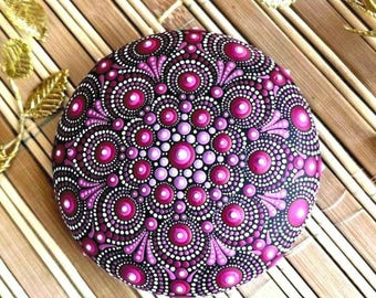Hand Painted Pink Mandala Stone – Dot Art Meditation Rock – Spiritual Home Decor – Mindfulness Gift – Zen Painted Rock – Boho Paperweight