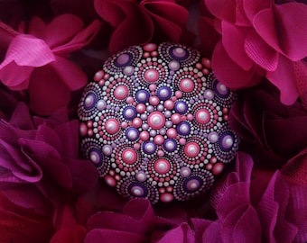 Hand-Painted Dot Mandala Stone "Pink Blossom", Unique Paperweight, Home Decor, Positive Energy, Unique Gift Idea 3in/8cm