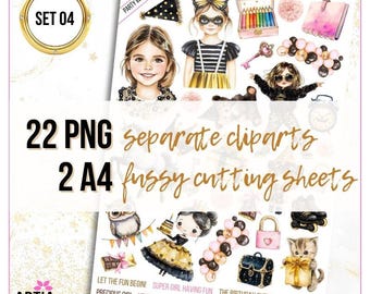 Girly Glamour Party in Gold & Schwarz SET 04 | 1 A4-Ausschnittbogen + 22 PNG-Cliparts für Planer und Scrapbooking