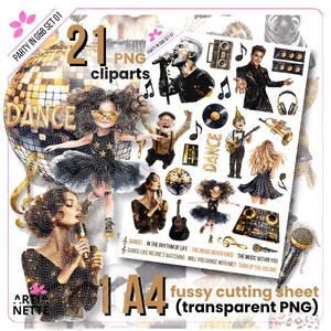 Party Clipart Party in Gold & Schwarz Set 01 - 21 PNG mit Musik- und Tanzelementen, A4-Schnittbogen