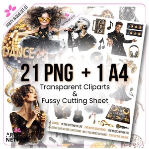 Party Cliparts Party in Gold & Black Set 01 - 21 PNG with Music and Dance Elements, A4 Fussy Cutting Sheet