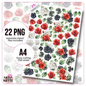 May include: A sheet of floral clipart with red, white, and black roses, green leaves, and four-leaf clovers. The text on the sheet reads "22 PNG separate clipart files included" and "A4 fussy cutting PNG sheet". The design is labeled "CASINO NIGHT SET 03".