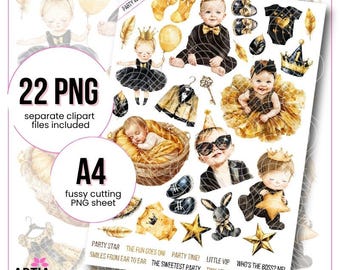 Party in Gold & Schwarz Set 03 PNG - 22 PNG Clipart + A4 Blatt mit ausgeschnittenen Elementen - Party Babies Aquarell - Gold & Schwarz Grafiken