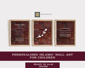May include: Three framed Islamic wall art prints. Each print features text in Arabic script over a patterned red and brown background. The frames are a light brown color. The text "Printable Art" is at the top.