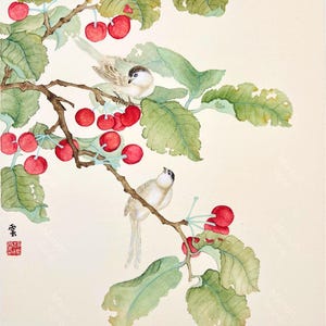 Pintura floral china original, pintura de cerezo y canario, hecha a mano, arte mural, artista pintor, decoración de pared, regalo ideal.