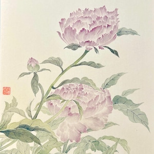 Acuarelas chinas, pintura floral original, flor de peonía, arte asiático, arte de papel de arroz, regalo para casa nueva, arte de pared, decoración de sala de estar, para ella