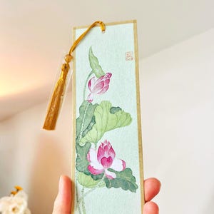 Marcapáginas original hecho a mano, flor de loto, pinturas de acuarela, arte de oficina, pegatinas de libros, regalo para amantes de los libros, tarjeta de agradecimiento, para su regalo