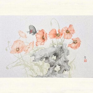 Pintura original en tinta china de amapolas y mariposas, pintor, hecha a mano, arte floral, decoración de pared, regalo para ella
