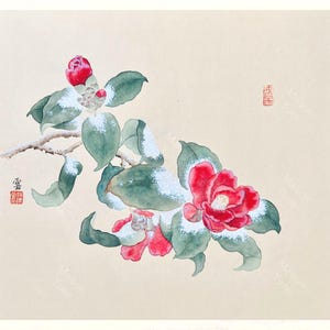 Pintura floral china original, camelia después de la nieve, pintura hecha a mano, arte mural, artista pintor, decoración de pared, regalo ideal.