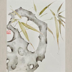 Peinture chinoise traditionnelle Bambou avec Roche de Taihu 20cm,Peinture à l'encre à la main,peinture décoration murale zen, carte postale