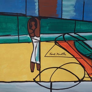 Peut inclure: Peinture abstraite aux couleurs vives. L'œuvre présente un premier plan jaune, une bande horizontale verte et un fond bleu. Une figure est représentée en marron et blanc, avec la signature de l'artiste, "Karl Knotts."