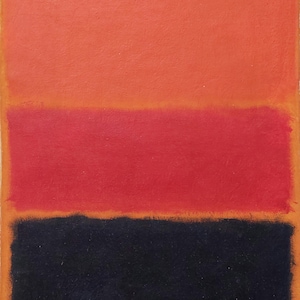 Puede incluir: Pintura abstracta con tres bloques de color horizontales. La sección superior es de color naranja cálido, la del medio es roja y la inferior es azul marino oscuro. La pintura tiene un fino borde naranja.