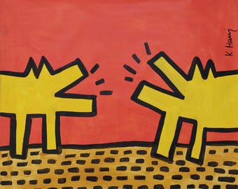 Keith Haring Style Painting Signed American Pop Art on Canvas