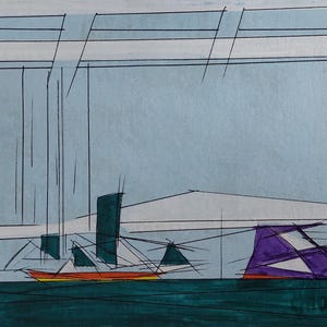 May include: Abstract painting with a light blue background, featuring geometric shapes and lines. A boat-like form in orange and yellow sits on a dark green base. A purple triangular shape is on the right. The artist's signature is in the lower left.