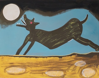 Könnte beinhalten: Abstrakte Malerei eines dunkelbraunen Hundes, der über eine gelb-braune Landschaft unter blauem Himmel und Vollmond springt. Der Hund hat ein rotes Auge und einen offenen Mund. Das Gemälde hat eine Signatur unten rechts.