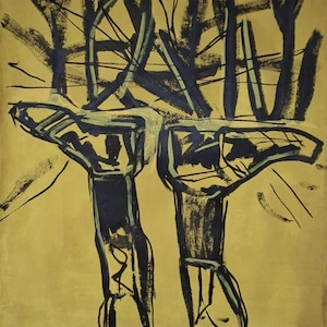 May include: A painting on a mustard yellow background featuring two dark, abstract figures carrying large, dark, branch-like structures above their heads. The artwork uses bold, expressive black brushstrokes to define the forms and includes a signature.