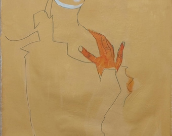 Könnte beinhalten: Eine Linienzeichnung einer Person mit einem roten Hut, die Hand der Person ist sichtbar. Die Zeichnung befindet sich auf einem beigefarbenen Hintergrund mit der Unterschrift des Künstlers "EGON SCHIELE" in einem schwarzen Kasten unten rechts.