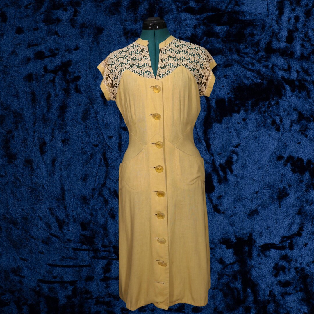 1940s Yellow Linen Dress W/ Lace Details & Lucite Buttons / Medium - Etsy