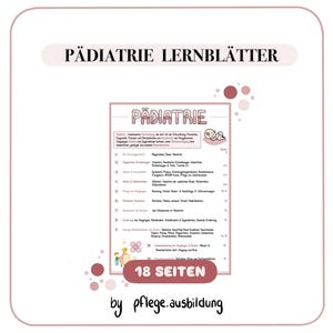 Può includere: Un grafico educativo rosa e bianco intitolato "PÄDIATRIE LERNBLÄTTER" con un sommario e il testo "18 SEITEN". Il grafico è progettato per l'apprendimento pediatrico e include illustrazioni.