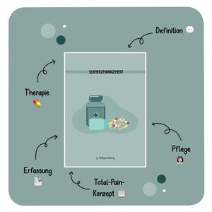 Puede incluir: Un diagrama que ilustra el concepto de gesti&oacute;n del dolor. El diagrama incluye un frasco de pastillas, pastillas y las palabras "Schmerzmanagement", "Total-Pain-Konzept", "Definici&oacute;n", "Terapia", "Cuidado", "Captura".