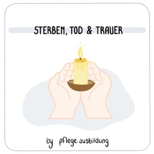 Könnte beinhalten: Illustration einer brennenden Kerze, die von zwei Händen gehalten wird. Die Kerze ist gelb mit einer flackernden Flamme. Der Text "STERBEN, TOD & TRAUER" steht oben, mit "by pflege.ausbildung" unten.