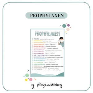Op de afbeelding: Een medische infographic met de titel "PROPHYLAXEN". De poster geeft verschillende soorten profylaxe weer met bijbehorende informatie. Aan de rechterkant staat een cartoonverpleegster. Onderaan staat "by pflege.ausbildung".