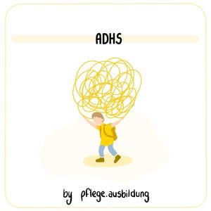 Può includere: Un'illustrazione di cartone animato gialla di una persona che tiene una grande palla di filo giallo aggrovigliato sopra la testa. Il testo "ADHD" è nella parte superiore dell'immagine. Il testo "by pflege.ausbildung" è nella parte inferiore dell'immagine.