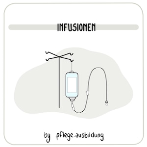 May include: A black and white illustration of an IV drip setup. The image includes a stand, an IV bag, and tubing. The word "INFUSIONEN" is at the top, and "by pflege.ausbildung" is at the bottom.