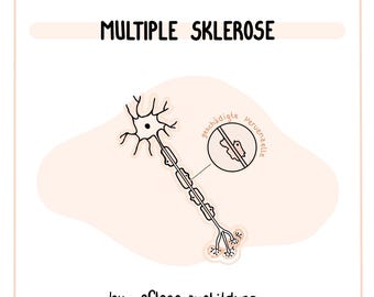May include: A black and white illustration of a nerve cell with a damaged myelin sheath. The text "MULTIPLE SKLEROSE" is at the top of the image. The text "by pflege.ausbildung" is at the bottom of the image.