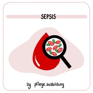 Könnte beinhalten: Illustration zum Thema Sepsis. Ein großer roter Blutstropfen wird mit einer Lupe gezeigt, die rote Blutkörperchen und grüne Bakterien zeigt. Das Wort "SEPSIS" steht oben, mit "by pflege.ausbildung" unten.