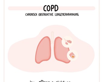 May include: An illustration of lungs with the text "COPD" and "CHRONISCH OBSTRUKTIVE LUNGENERKRANKUNG" above the lungs. The illustration shows the lungs with inflamed bronchioles and mucus buildup. The text "by pflege.ausbildung" is at the bottom of the image.