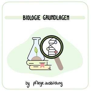 May include: Illustration of a green plant growing in a beaker, a magnifying glass with a DNA strand inside, and two books with a bookmark. The text "BIOLOGIE GRUNDLAGEN" is at the top of the image. The text "by pflege.ausbildung" is at the bottom of the image.