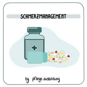 Pode incluir: Ilustração de um frasco de pílulas azul com uma cruz branca e pílulas se espalhando. O texto "SCHMERZMANAGEMENT" está no topo da imagem e "by pflege.ausbildung" na parte inferior.
