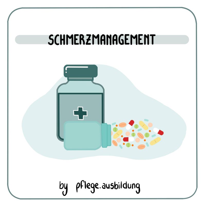 Puede incluir: Ilustraci&oacute;n de un frasco de pastillas azul con una cruz blanca y pastillas que se derraman. El texto "SCHMERZMANAGEMENT" est&aacute; en la parte superior de la imagen y "by pflege.ausbildung" en la parte inferior.