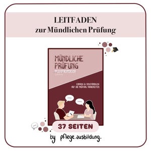 Puede incluir: Portada de libro con el título "LEITFADEN zur Mündlichen Prüfung" en texto negro. La portada presenta ilustraciones de dos personas en una mesa, bocadillos y el texto "37 SEITEN". El libro es para Pflegefachperson.