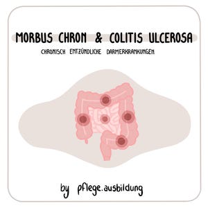 Könnte beinhalten: Illustration des menschlichen Verdauungssystems mit roten entzündeten Bereichen, die Morbus Crohn und Colitis ulcerosa, chronisch-entzündliche Darmerkrankungen, darstellen. Der Text lautet "Morbus Chron & Colitis Ulcerosa, Chronisch Entzündliche Darmerkrankungen, by pflege.ausbildung".